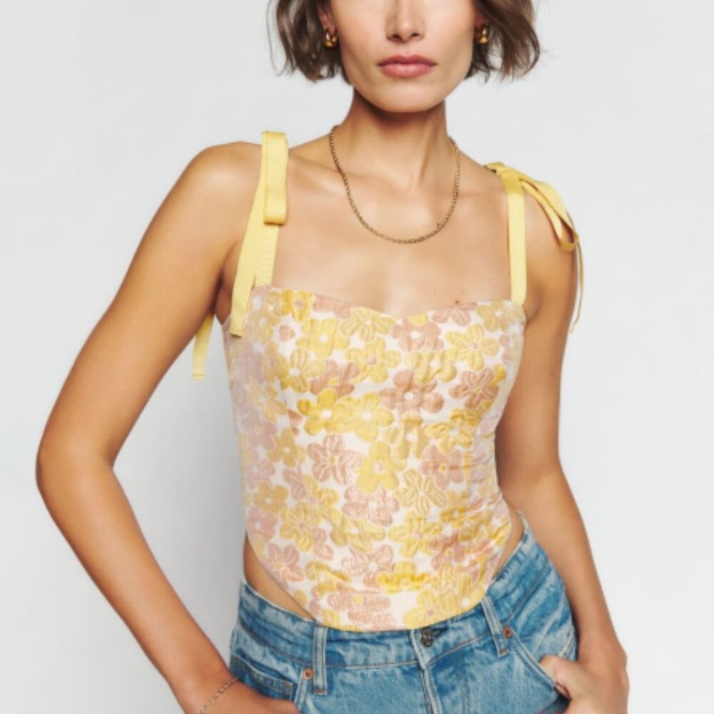 Reformation Yellow Pink Floral Tie-Shoulder Crop Top